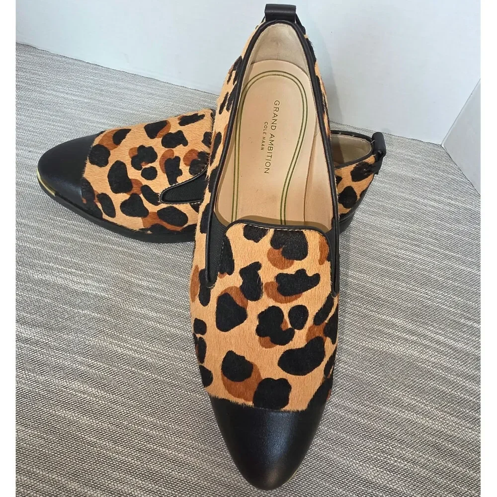 Cole Haan Grand Ambition Slip-on Loafers Leopard Print Calf Hair Leather Toe Cap